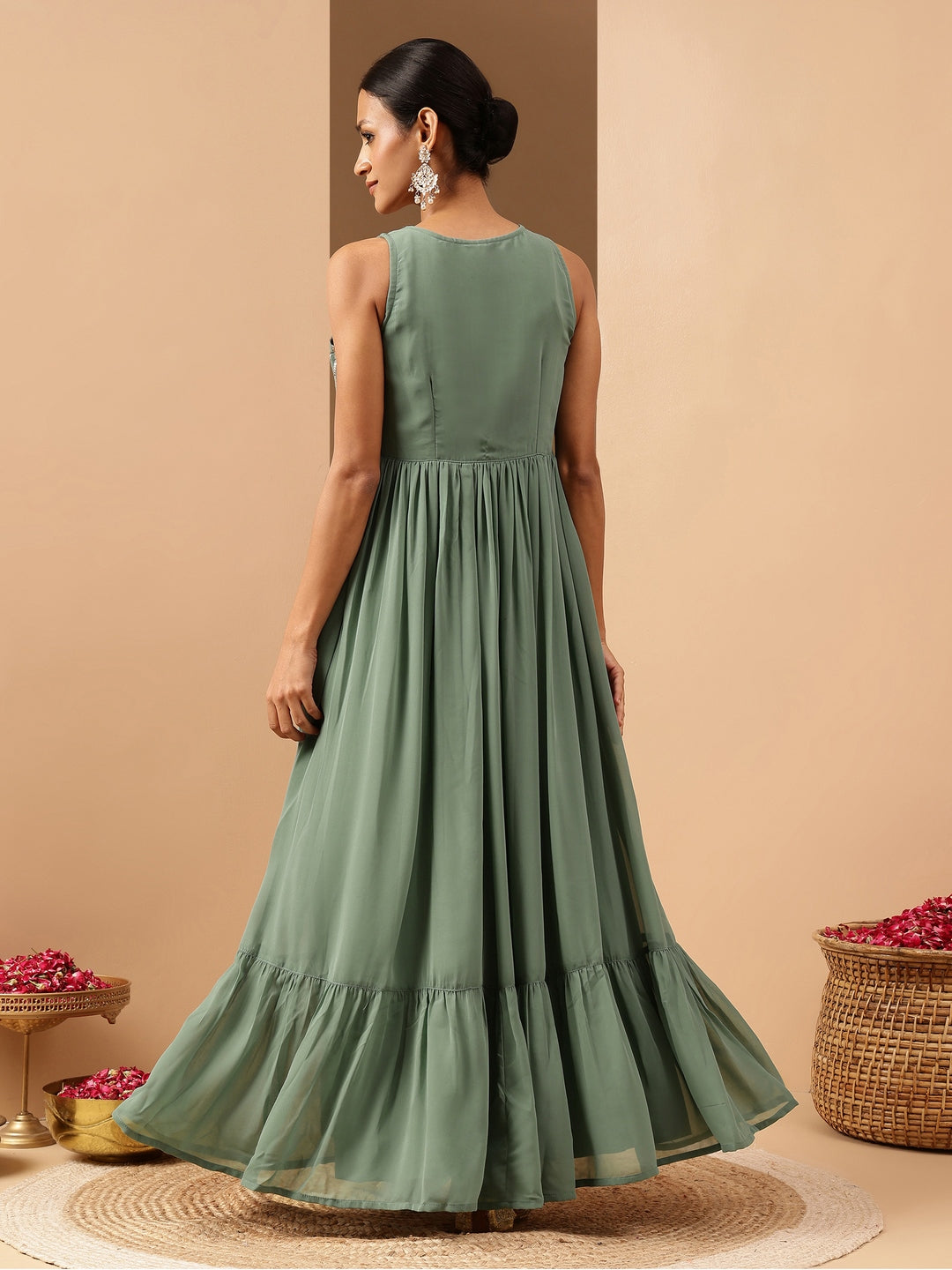 Ninnique Women's Sage Green Georgette Sequined Gathered Flared Gown