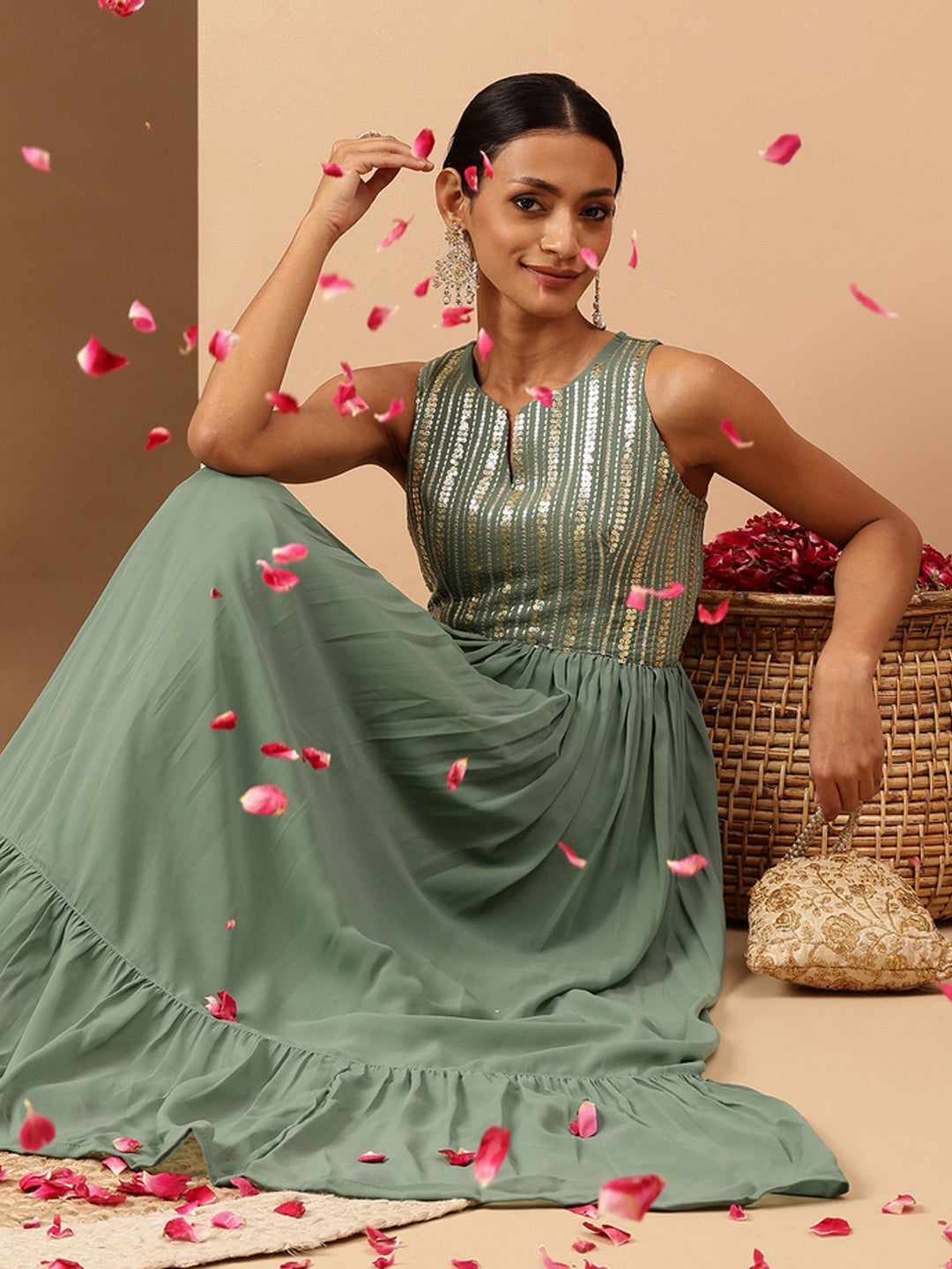 Ninnique Women's Sage Green Georgette Sequined Gathered Flared Gown
