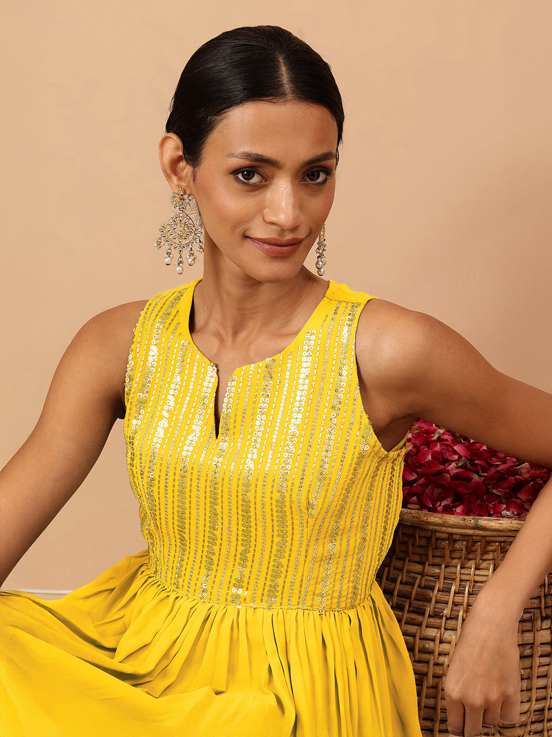 Ninnique Women's Yellow Georgette Sequined Gathered Flared Gown