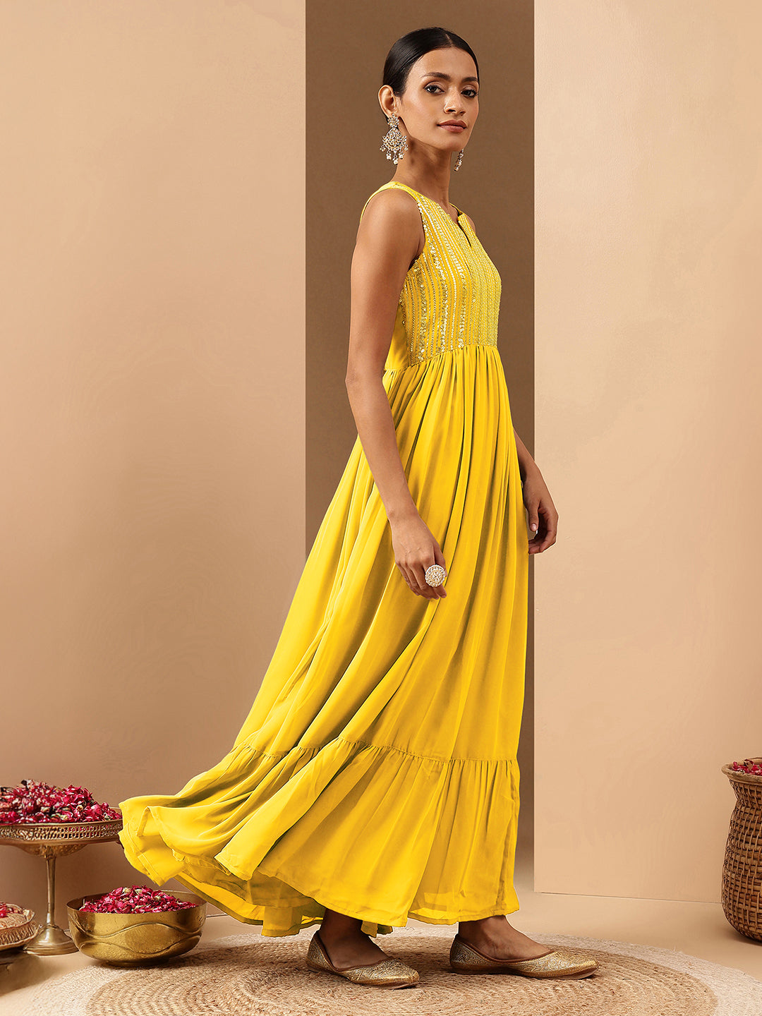 Ninnique Women's Yellow Georgette Sequined Gathered Flared Gown