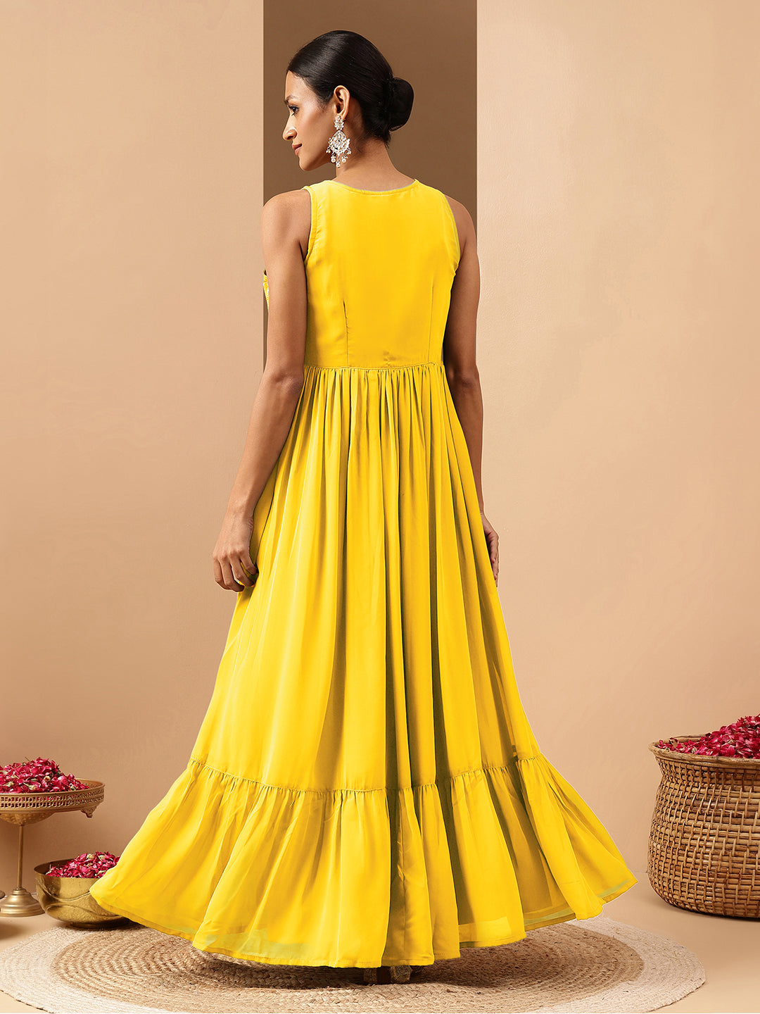 Ninnique Women's Yellow Georgette Sequined Gathered Flared Gown