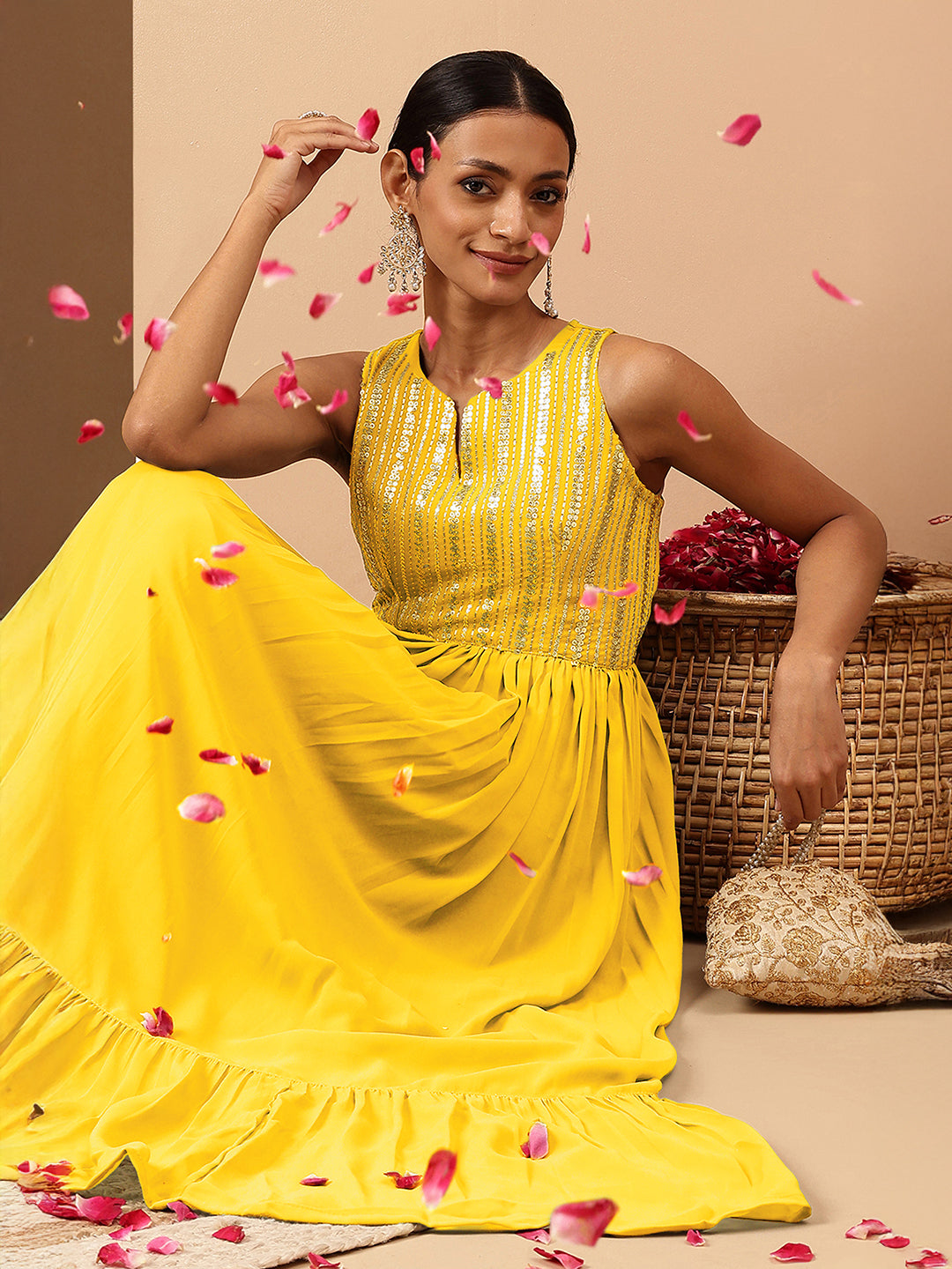 Ninnique Women's Yellow Georgette Sequined Gathered Flared Gown