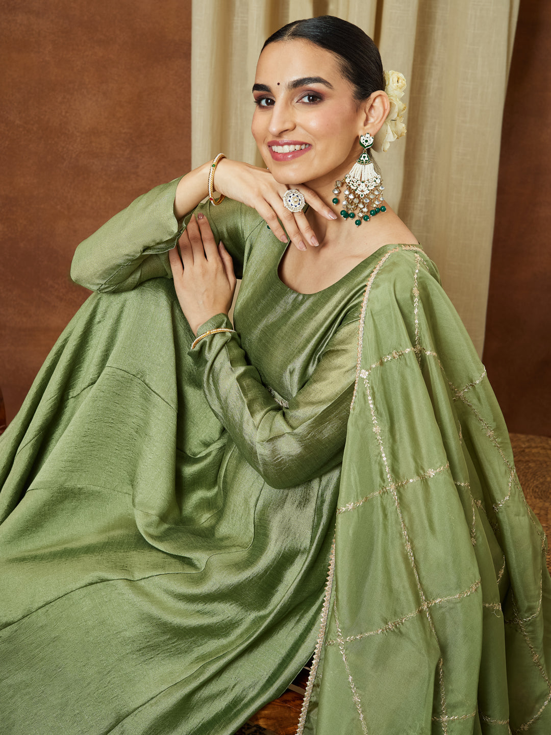 Ninnique Women's Sage Green Silk Blend Flared Gown With Embellished Belt
