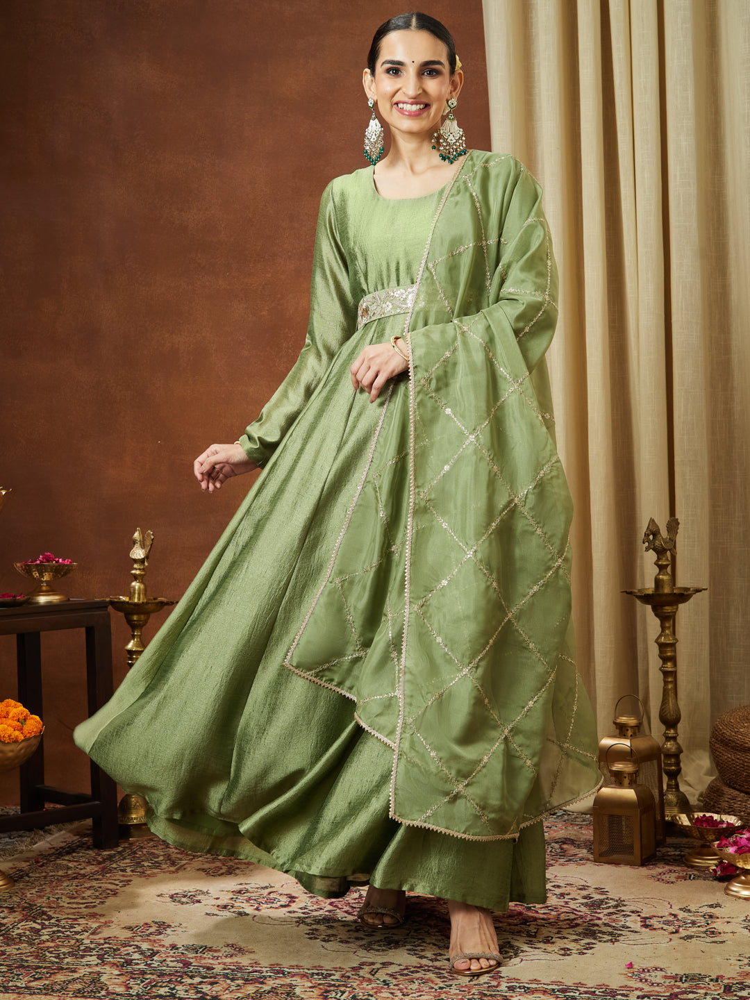 Ninnique Women's Sage Green Silk Blend Flared Gown With Embellished Belt