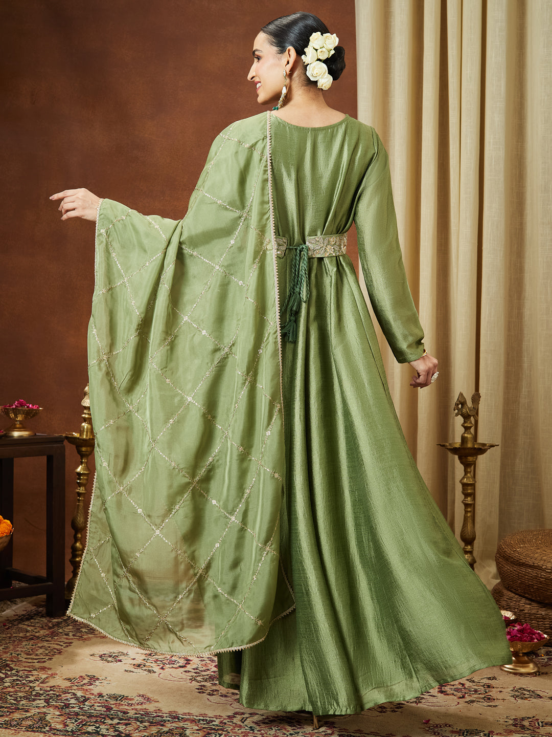 Ninnique Women's Sage Green Silk Blend Flared Gown With Embellished Belt