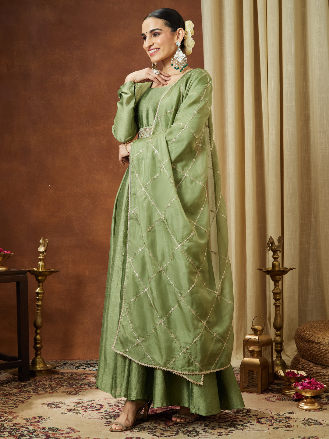 Ninnique Women's Sage Green Silk Blend Flared Gown With Embellished Belt