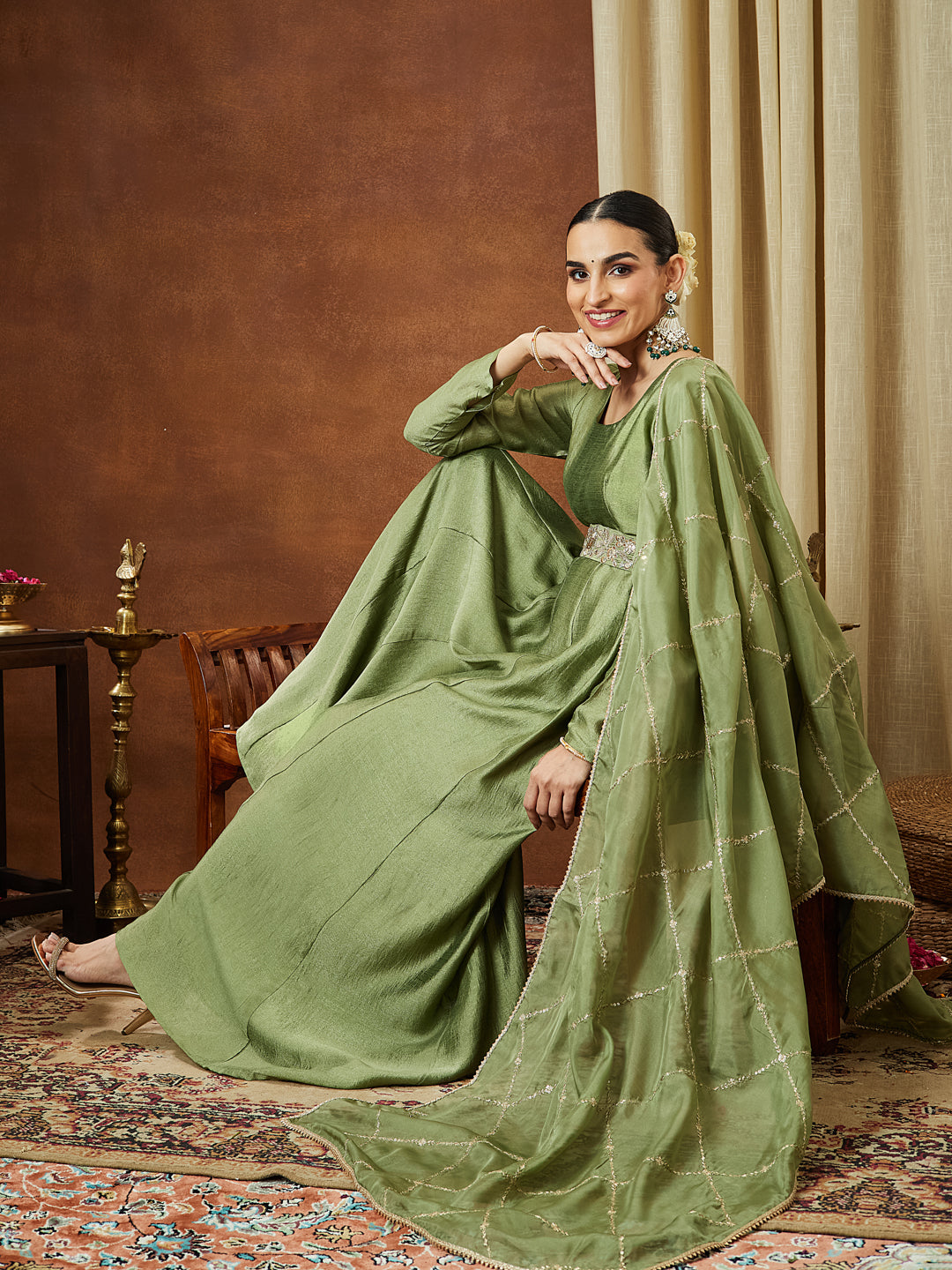 Ninnique Women's Sage Green Silk Blend Flared Gown With Embellished Belt