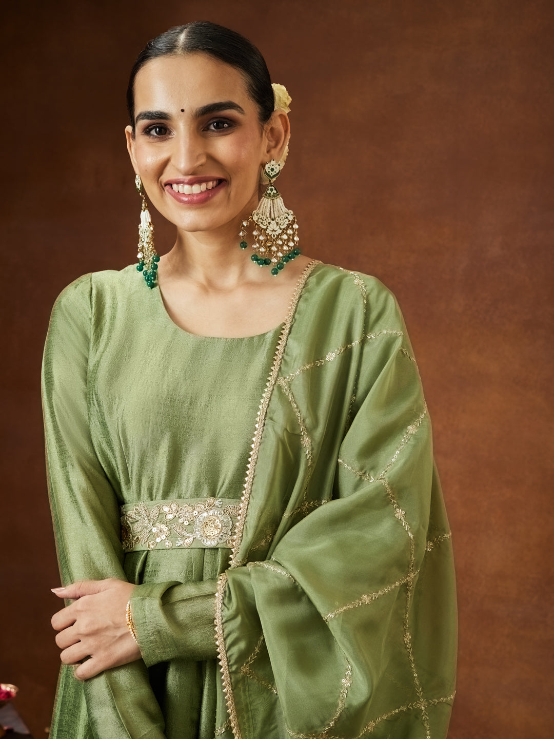 Ninnique Women's Sage Green Silk Blend Flared Gown With Embellished Belt