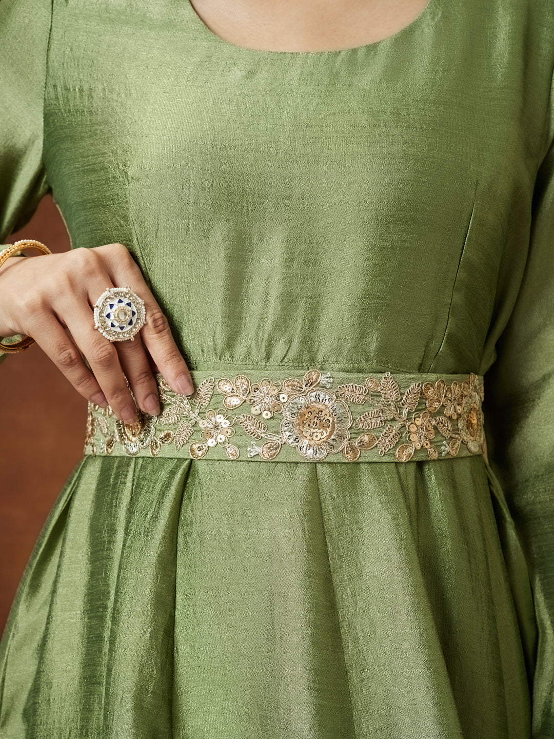 Ninnique Women's Sage Green Silk Blend Flared Gown With Embellished Belt
