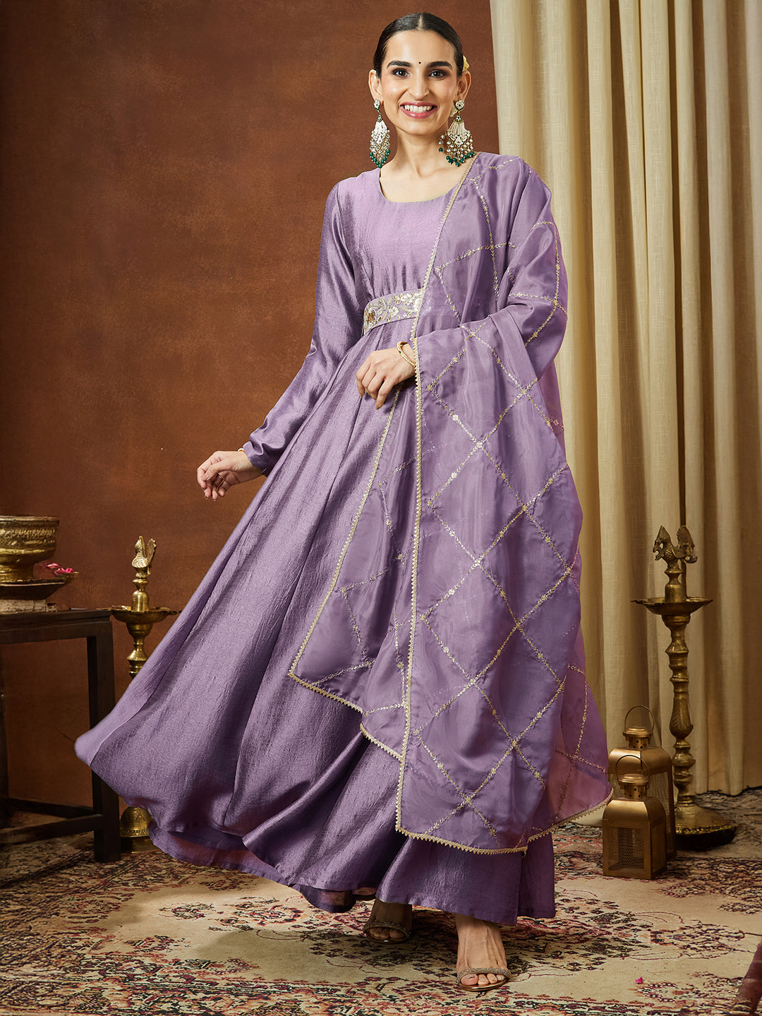 Ninnique Women's Lavender Silk Blend Flared Gown With Embellished Belt