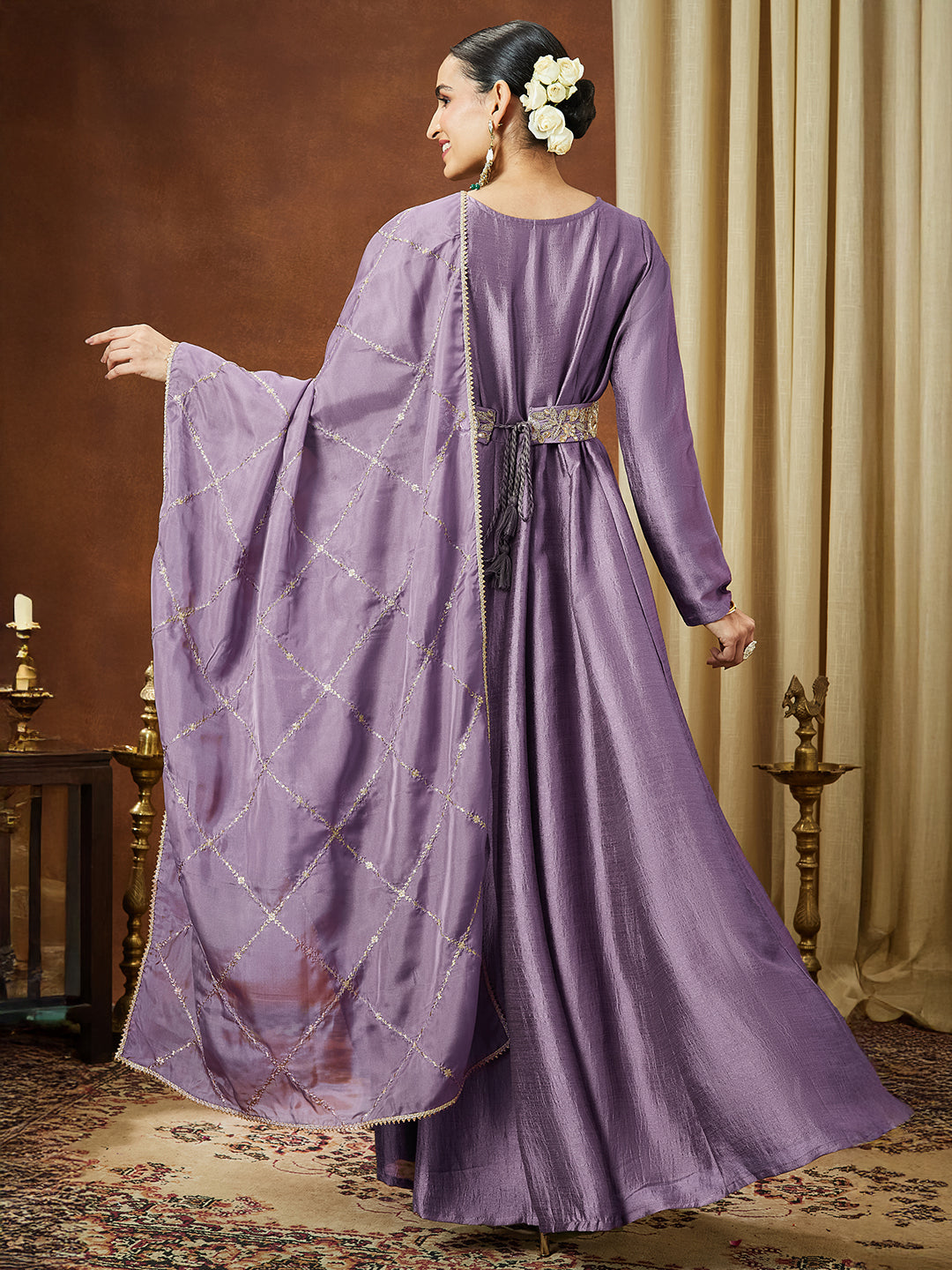 Ninnique Women's Lavender Silk Blend Flared Gown With Embellished Belt