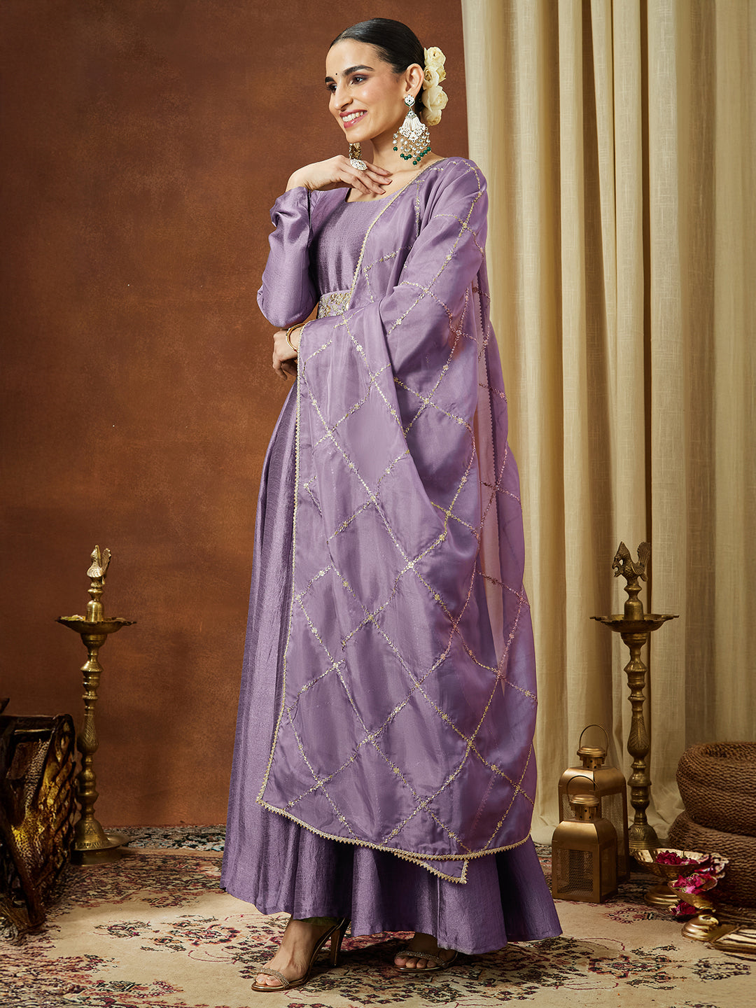 Ninnique Women's Lavender Silk Blend Flared Gown With Embellished Belt