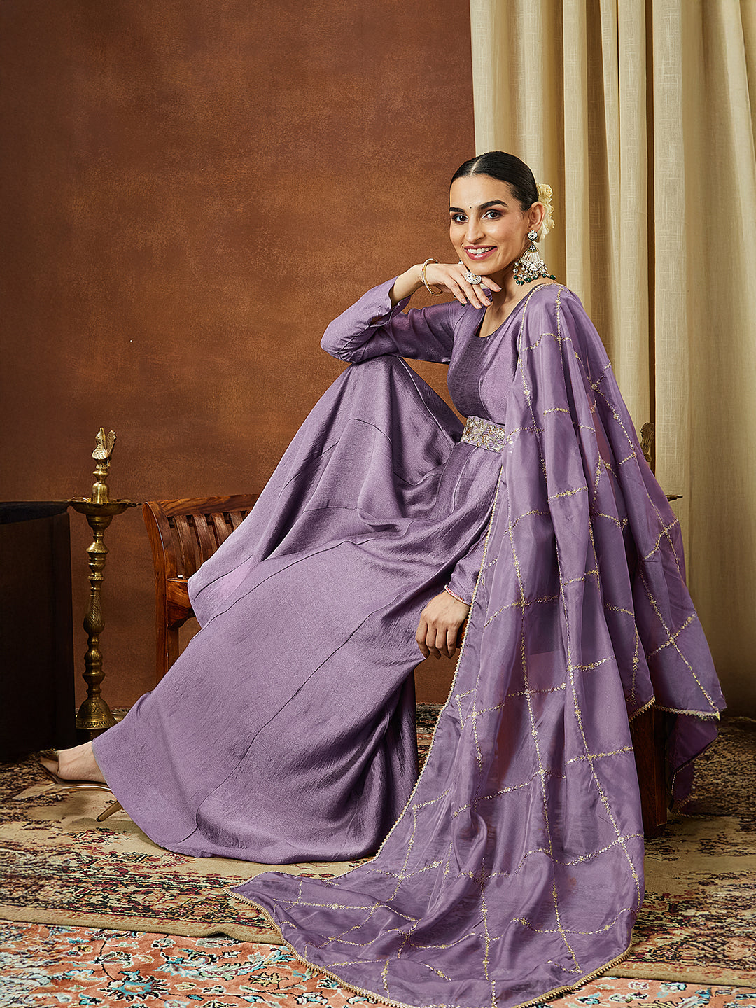 Ninnique Women's Lavender Silk Blend Flared Gown With Embellished Belt