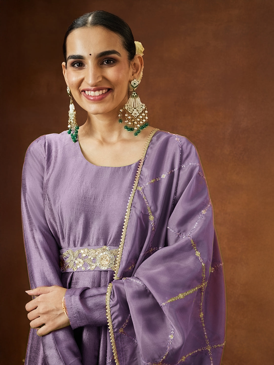 Ninnique Women's Lavender Silk Blend Flared Gown With Embellished Belt