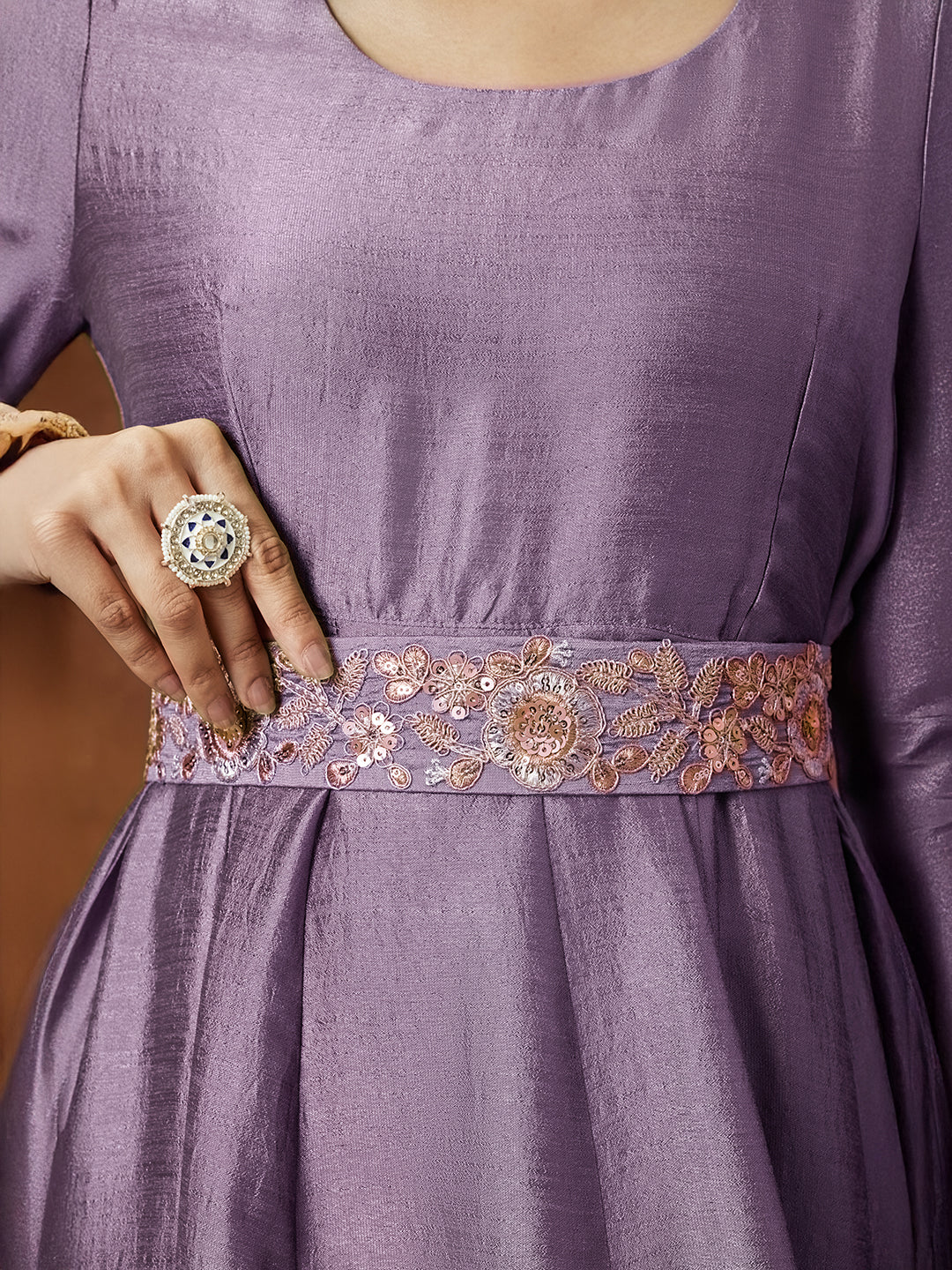 Ninnique Women's Lavender Silk Blend Flared Gown With Embellished Belt