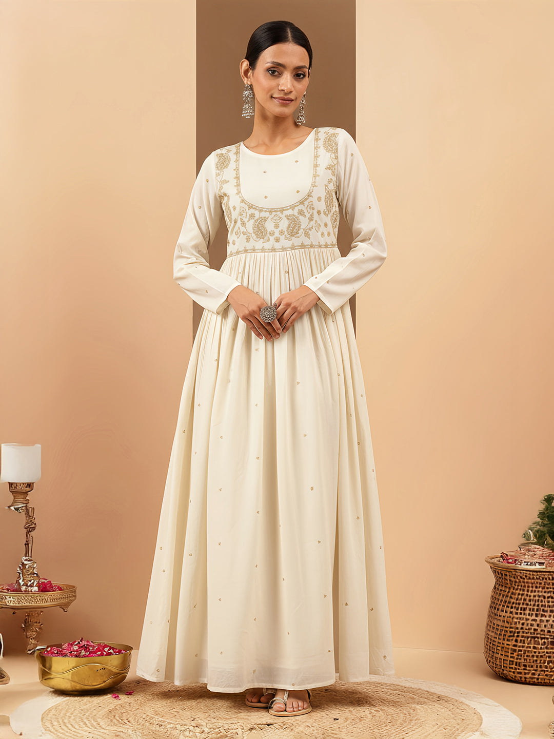 Ninnique Women's Off White Soft Pure Cotton Zari Embroidered Anarkali Gathered Gown