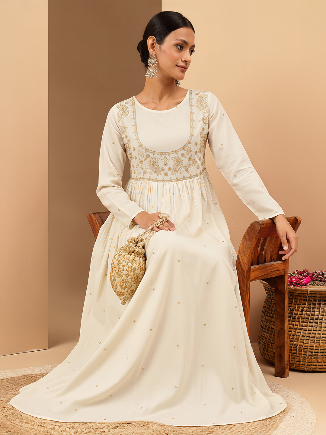 Ninnique Women's Off White Soft Pure Cotton Zari Embroidered Anarkali Gathered Gown