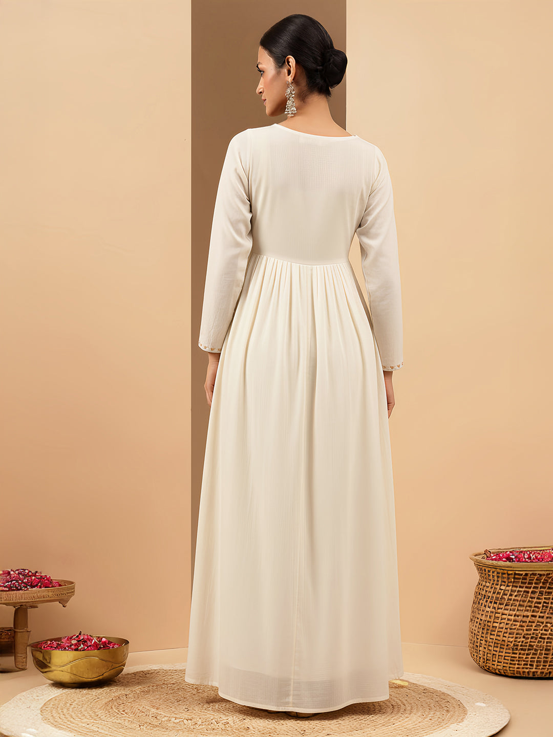 Ninnique Women's Off White Soft Pure Cotton Zari Embroidered Anarkali Gathered Gown