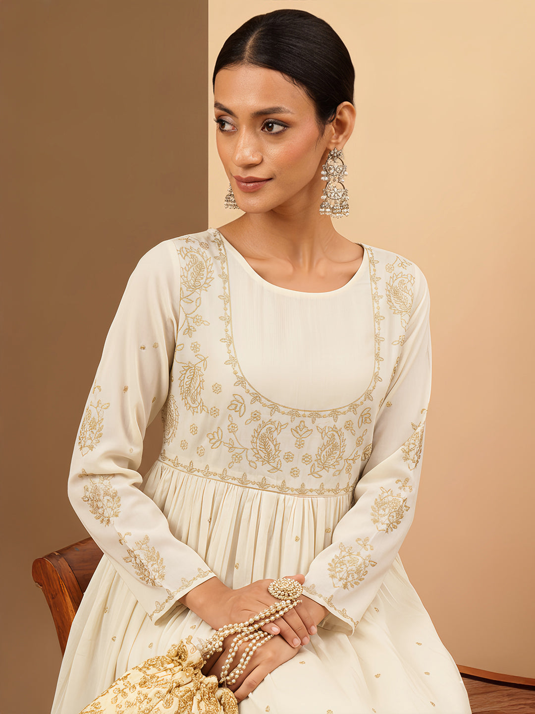 Ninnique Women's Off White Soft Pure Cotton Zari Embroidered Anarkali Gathered Gown