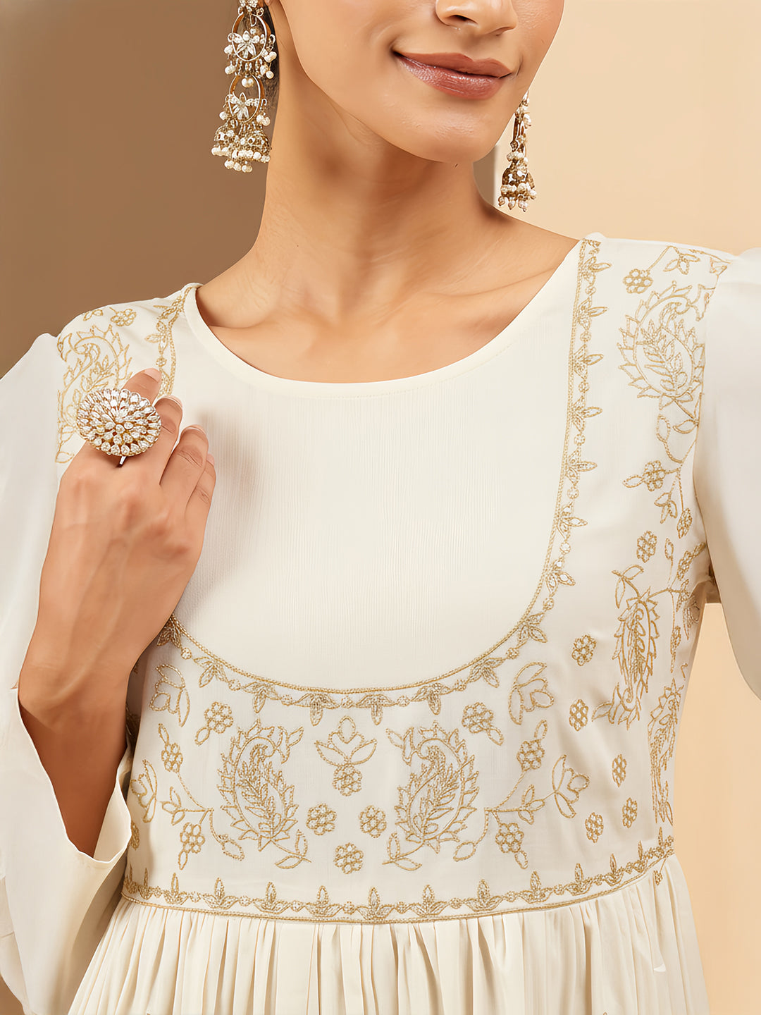 Ninnique Women's Off White Soft Pure Cotton Zari Embroidered Anarkali Gathered Gown