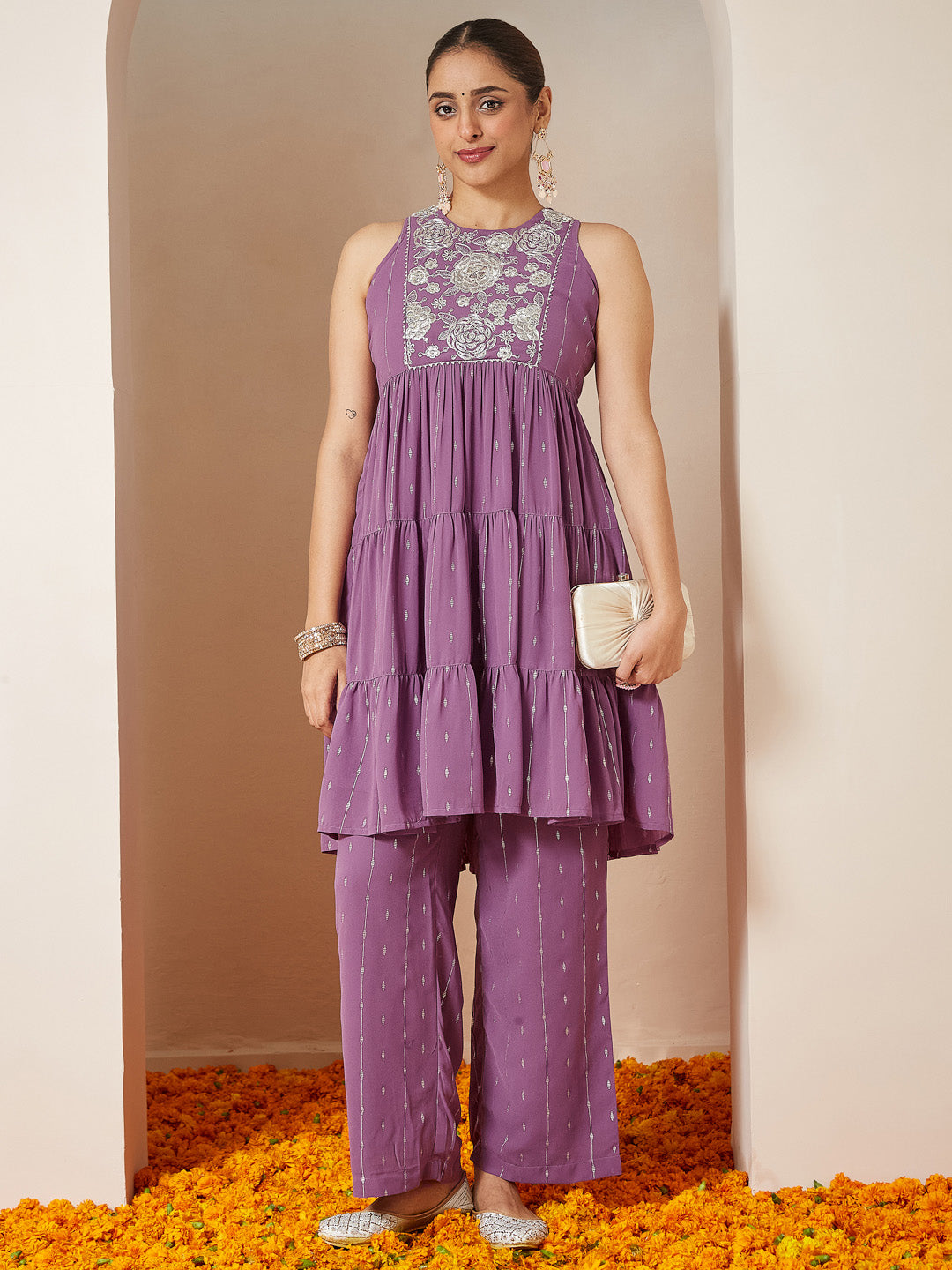 Ninnique Women's Lavender Georgette Embellished Tiered Kurta With Palazzo Set
