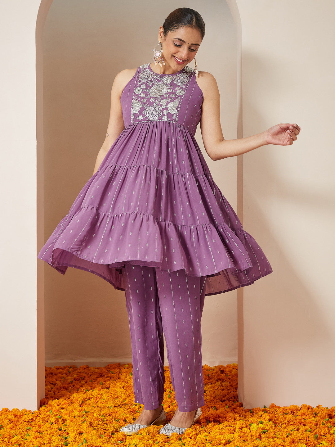 Ninnique Women's Lavender Georgette Embellished Tiered Kurta With Palazzo Set