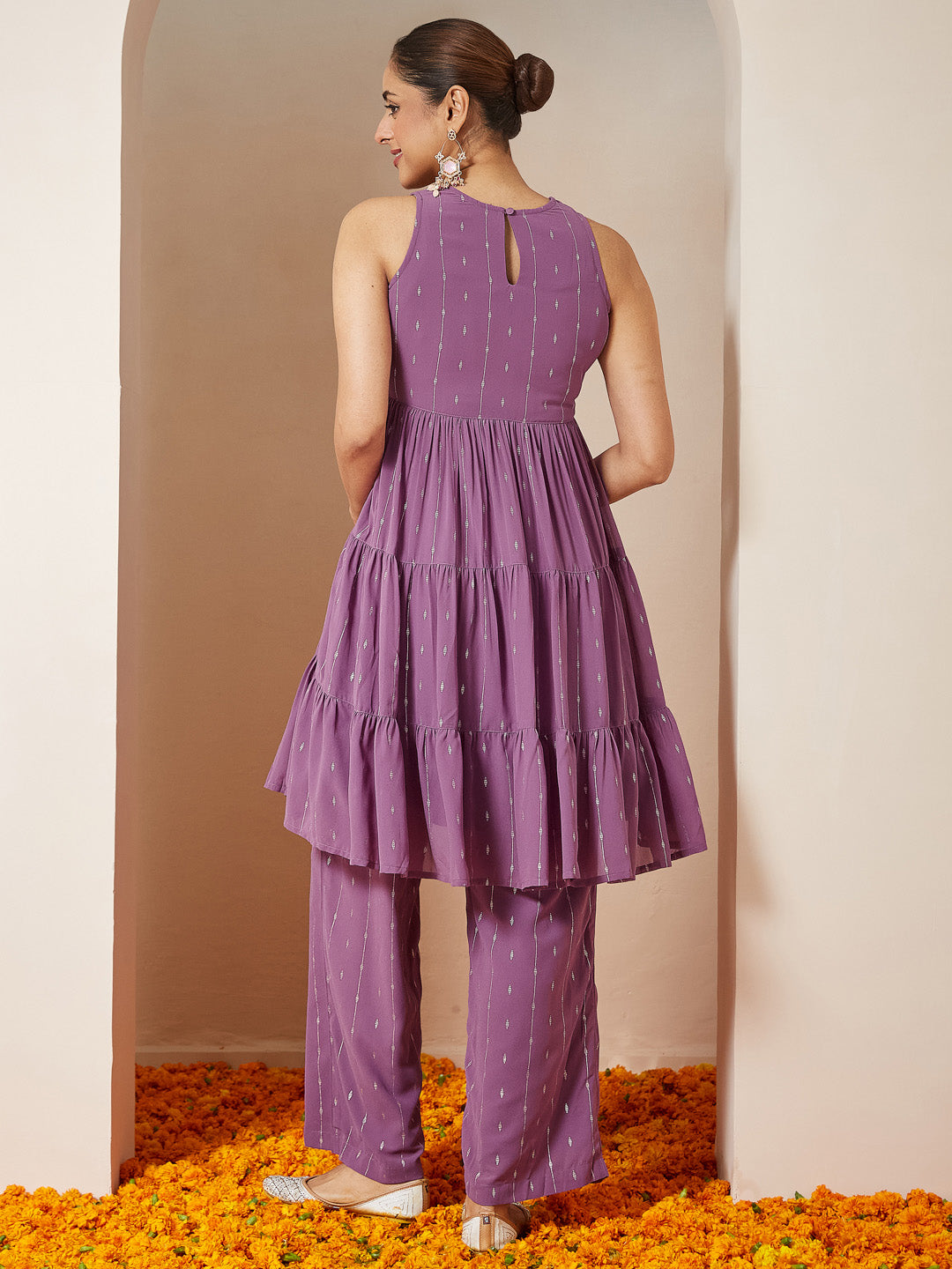 Ninnique Women's Lavender Georgette Embellished Tiered Kurta With Palazzo Set