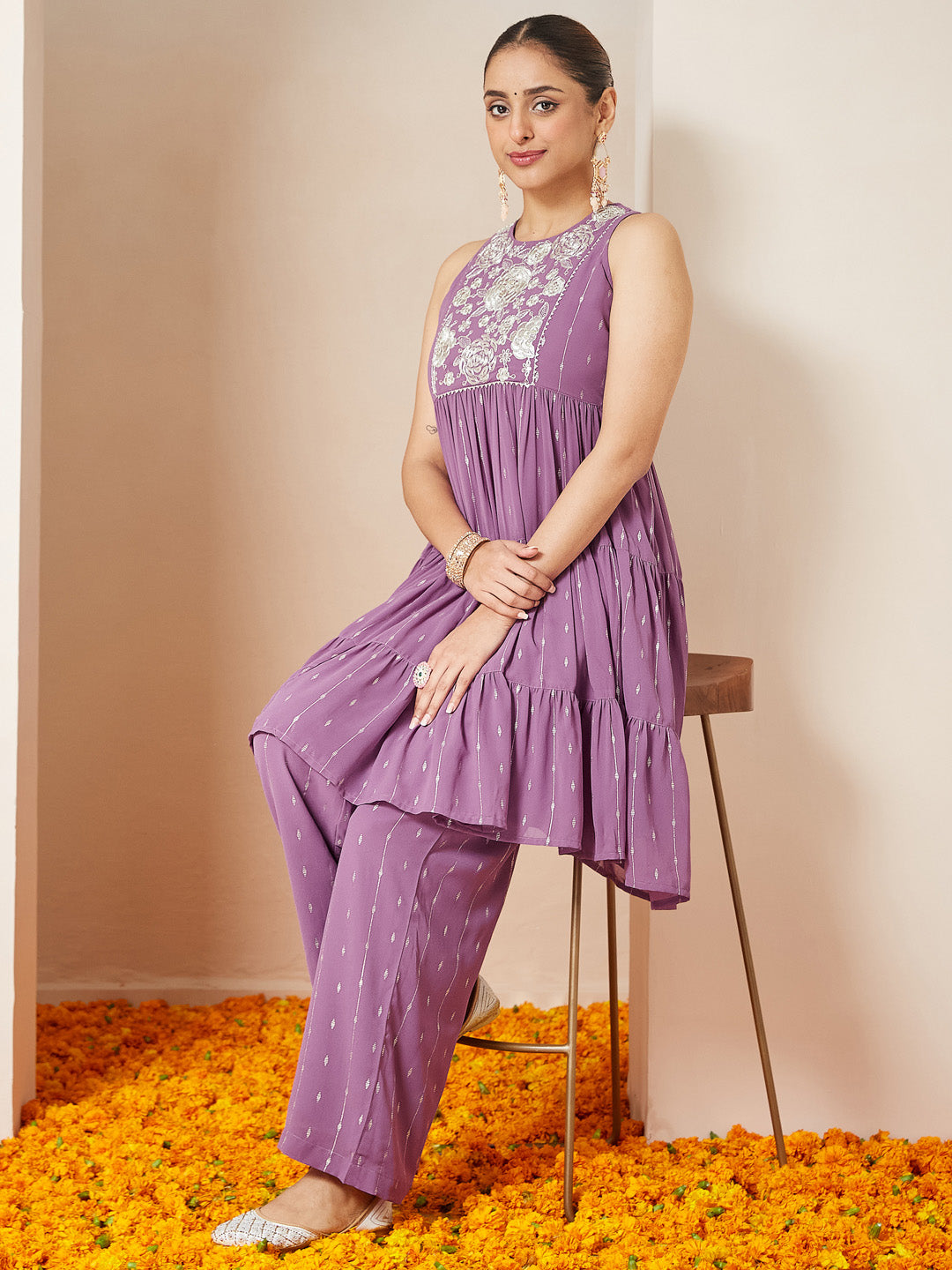 Ninnique Women's Lavender Georgette Embellished Tiered Kurta With Palazzo Set