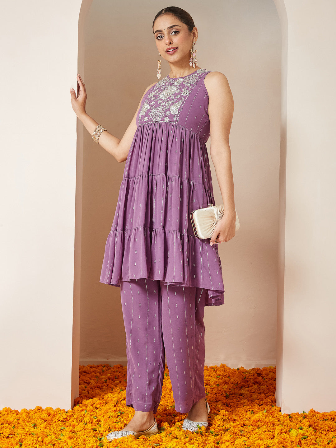 Ninnique Women's Lavender Georgette Embellished Tiered Kurta With Palazzo Set