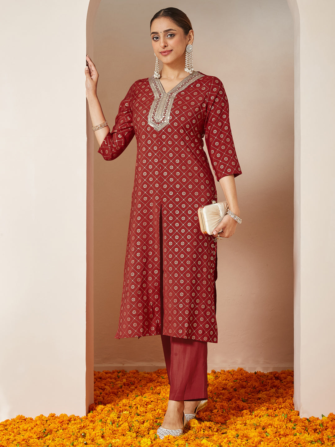 Ninnique Women's Maroon Chanderi Silk Embellished Gold Printed Front Slit Kurta Pant Set