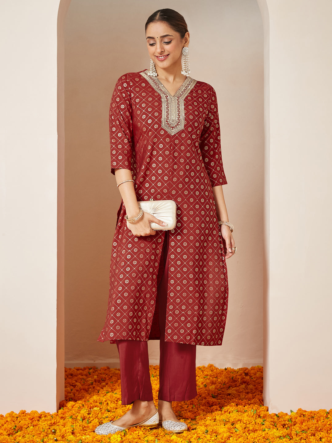 Ninnique Women's Maroon Chanderi Silk Embellished Gold Printed Front Slit Kurta Pant Set