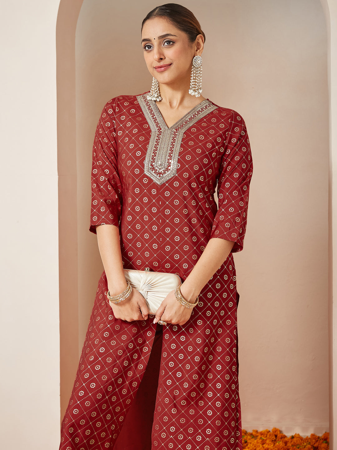 Ninnique Women's Maroon Chanderi Silk Embellished Gold Printed Front Slit Kurta Pant Set