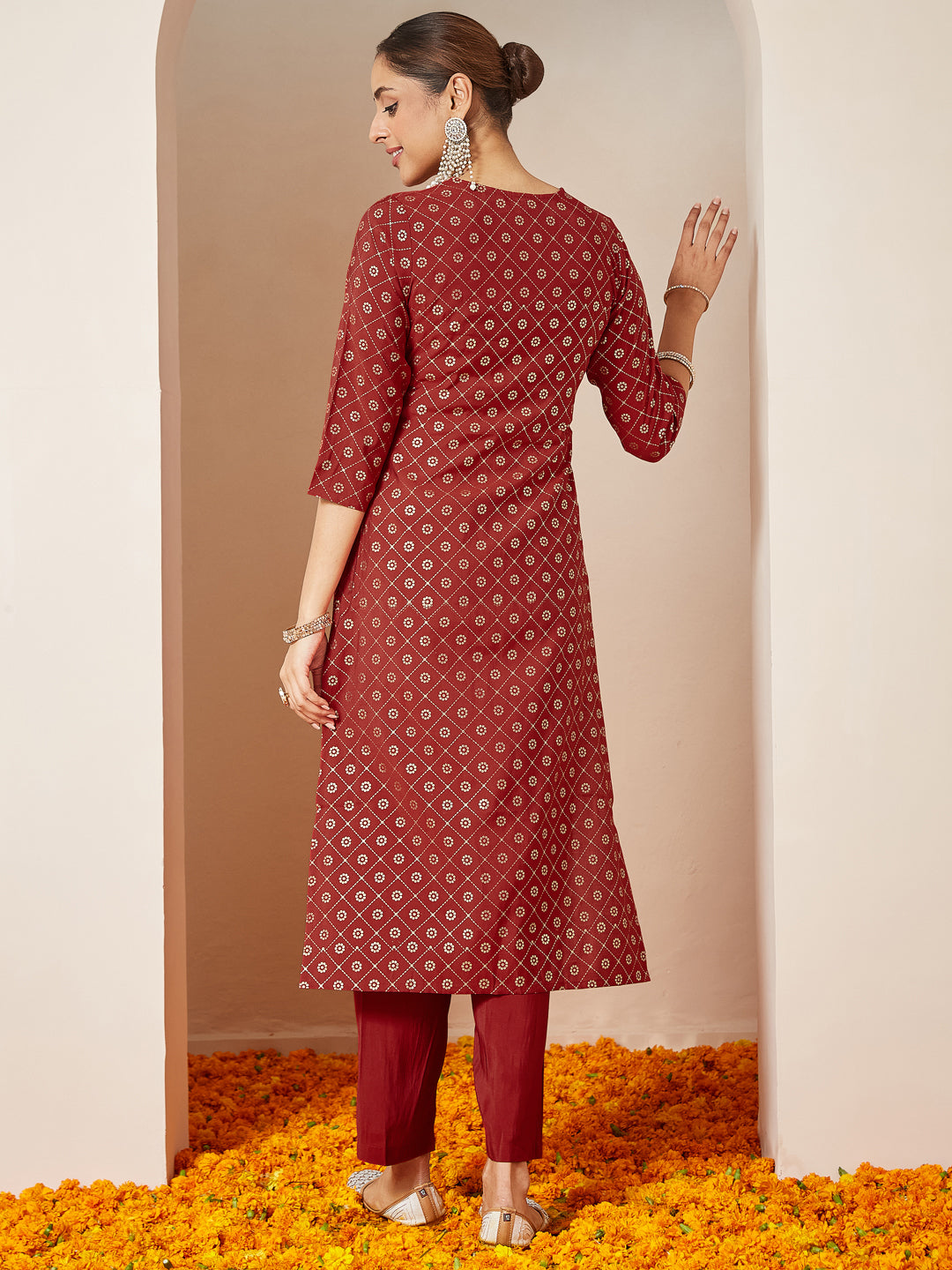 Ninnique Women's Maroon Chanderi Silk Embellished Gold Printed Front Slit Kurta Pant Set