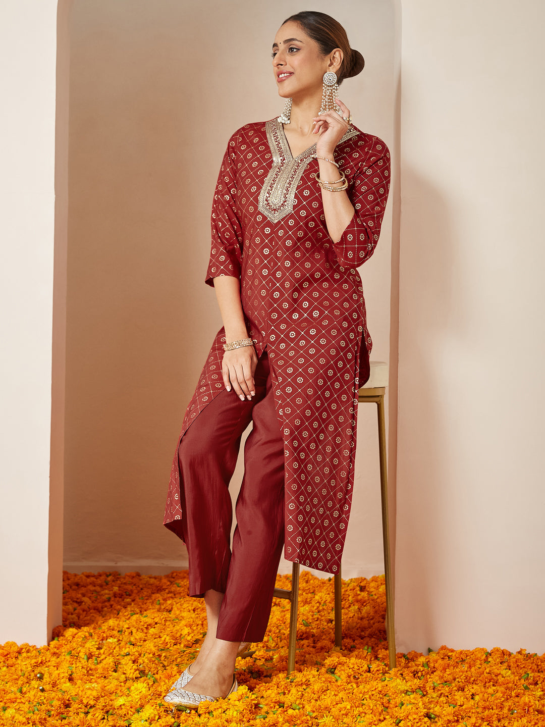 Ninnique Women's Maroon Chanderi Silk Embellished Gold Printed Front Slit Kurta Pant Set