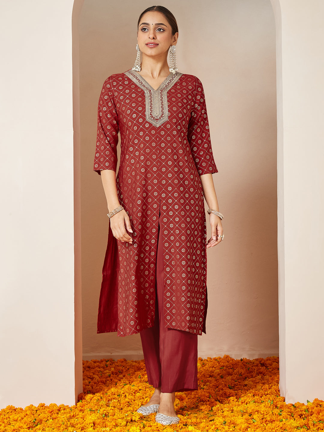 Ninnique Women's Maroon Chanderi Silk Embellished Gold Printed Front Slit Kurta Pant Set