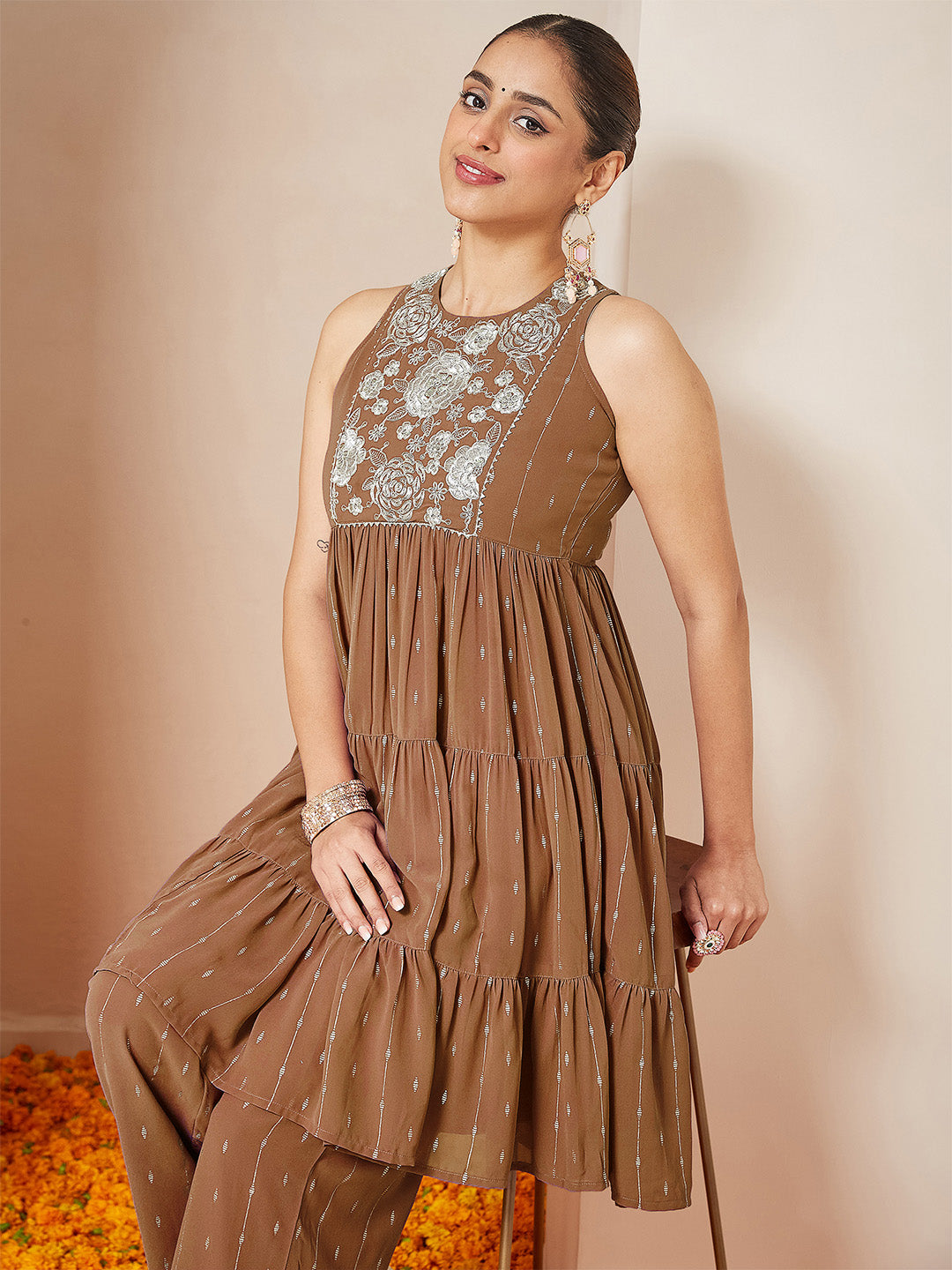 Ninnique Women's Brown Georgette Embellished Tiered Kurta With Palazzo Set