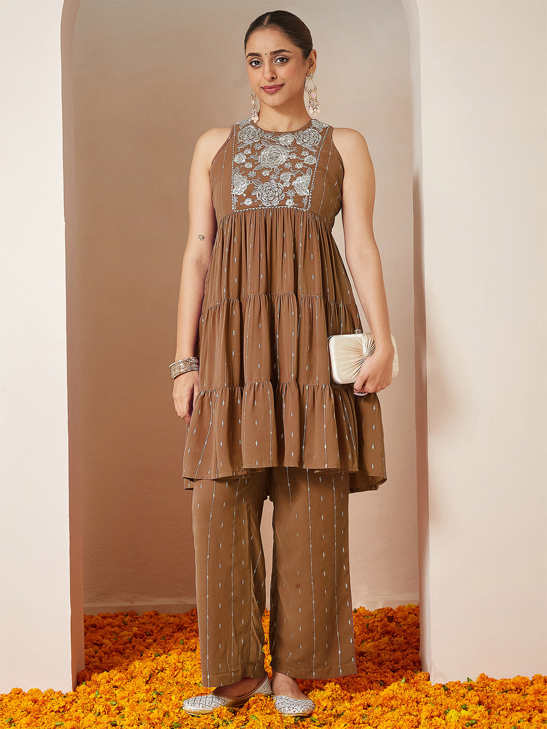 Ninnique Women's Brown Georgette Embellished Tiered Kurta With Palazzo Set