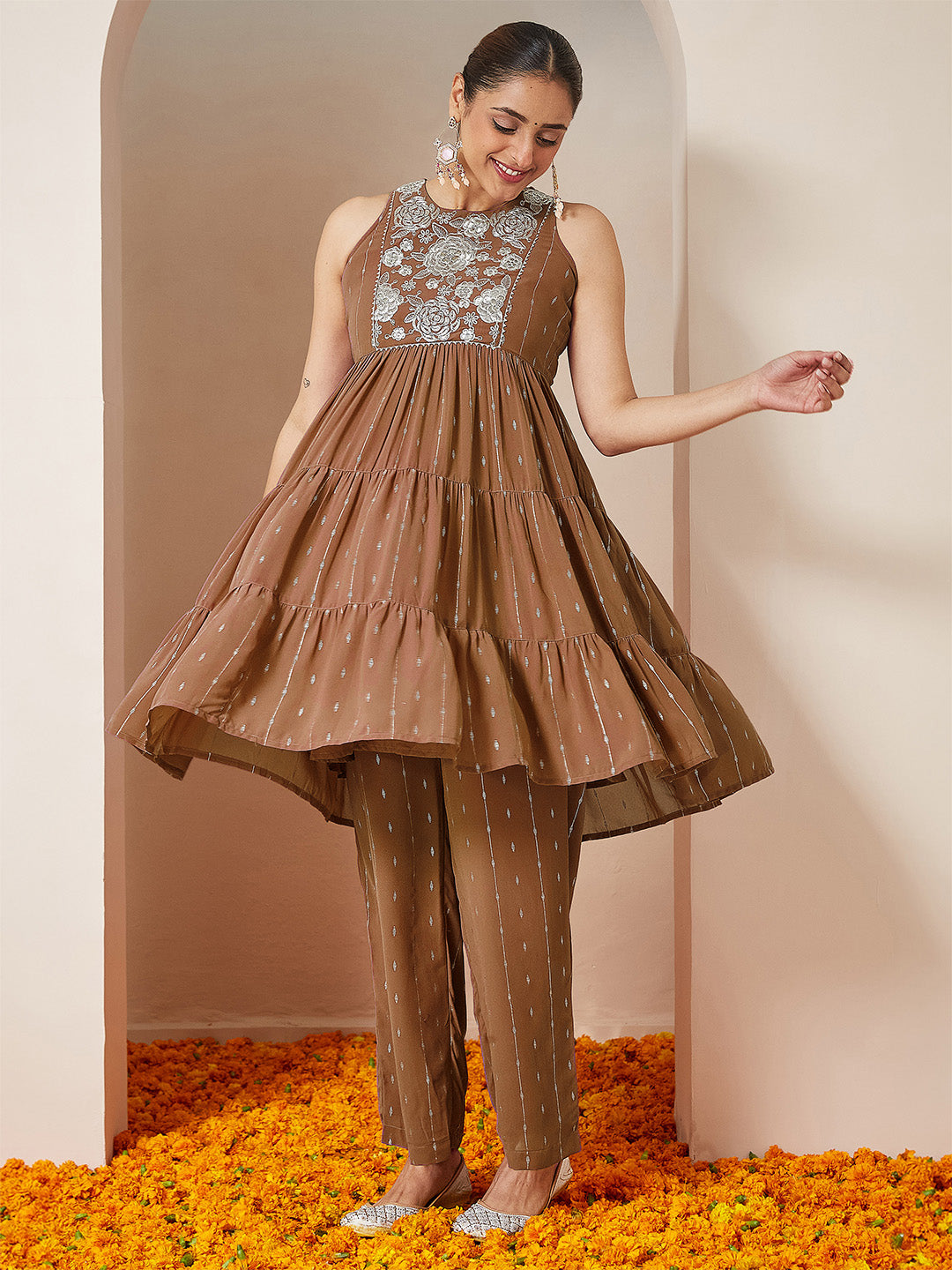 Ninnique Women's Brown Georgette Embellished Tiered Kurta With Palazzo Set