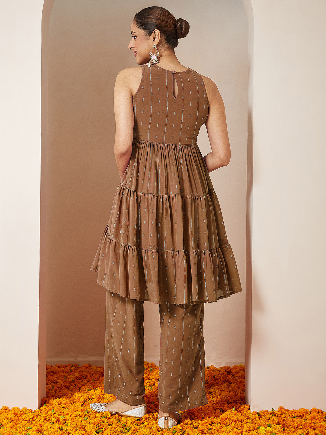 Ninnique Women's Brown Georgette Embellished Tiered Kurta With Palazzo Set