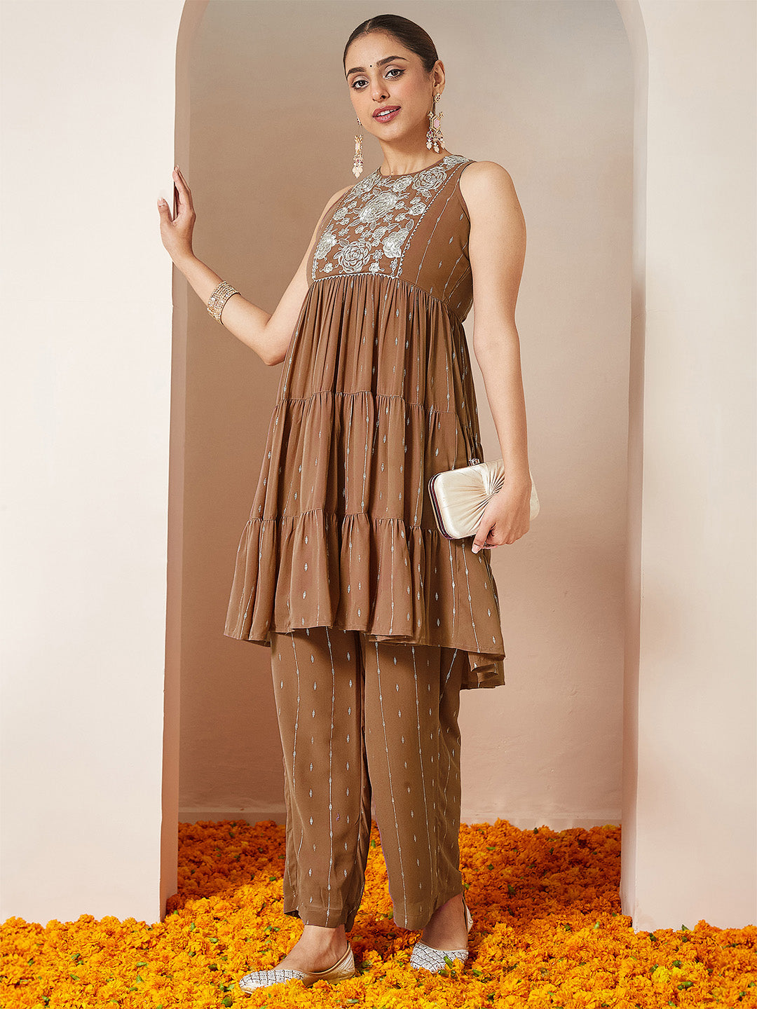 Ninnique Women's Brown Georgette Embellished Tiered Kurta With Palazzo Set