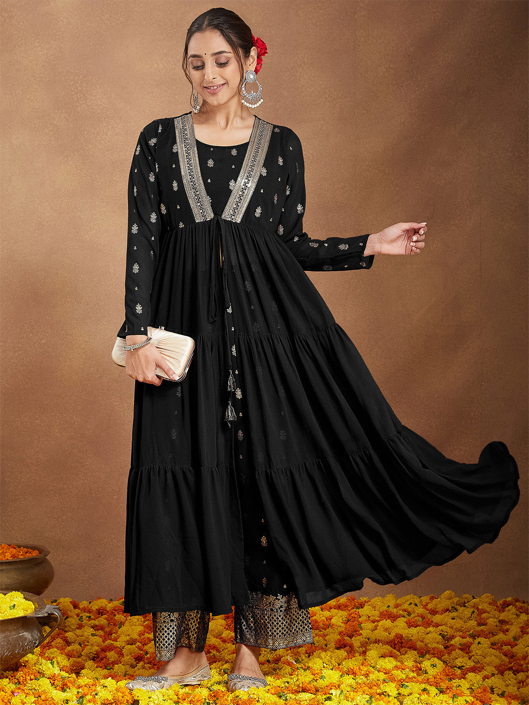 Ninnique Women's Black Georgette Embellished Foil Printed Front-open Tiered Kurta Pant Set