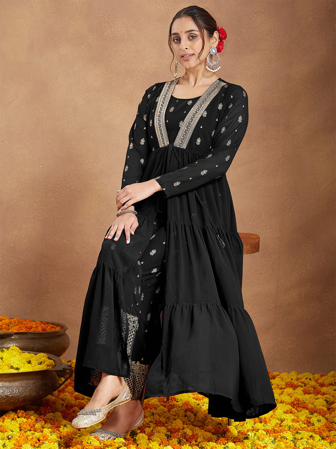 Ninnique Women's Black Georgette Embellished Foil Printed Front-open Tiered Kurta Pant Set