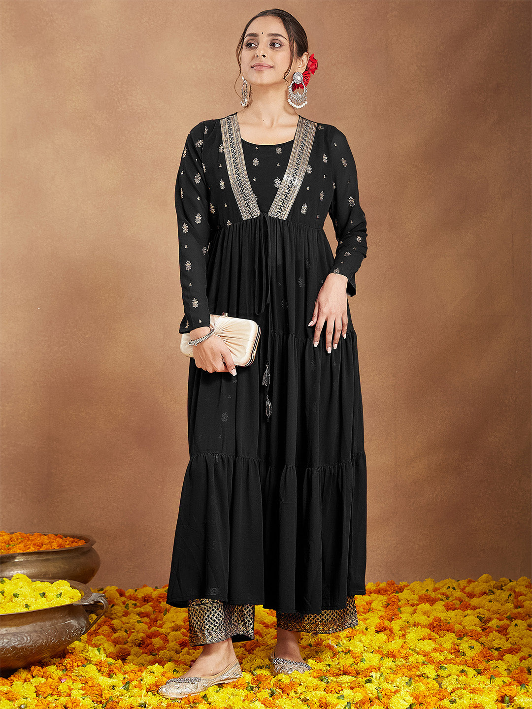 Ninnique Women's Black Georgette Embellished Foil Printed Front-open Tiered Kurta Pant Set