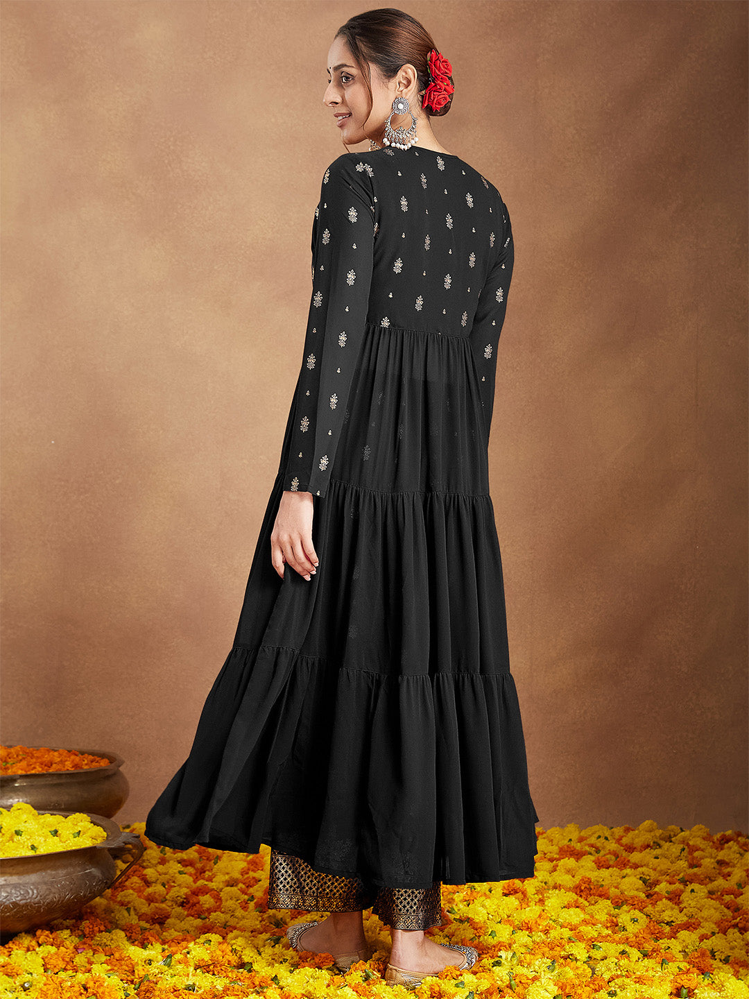 Ninnique Women's Black Georgette Embellished Foil Printed Front-open Tiered Kurta Pant Set