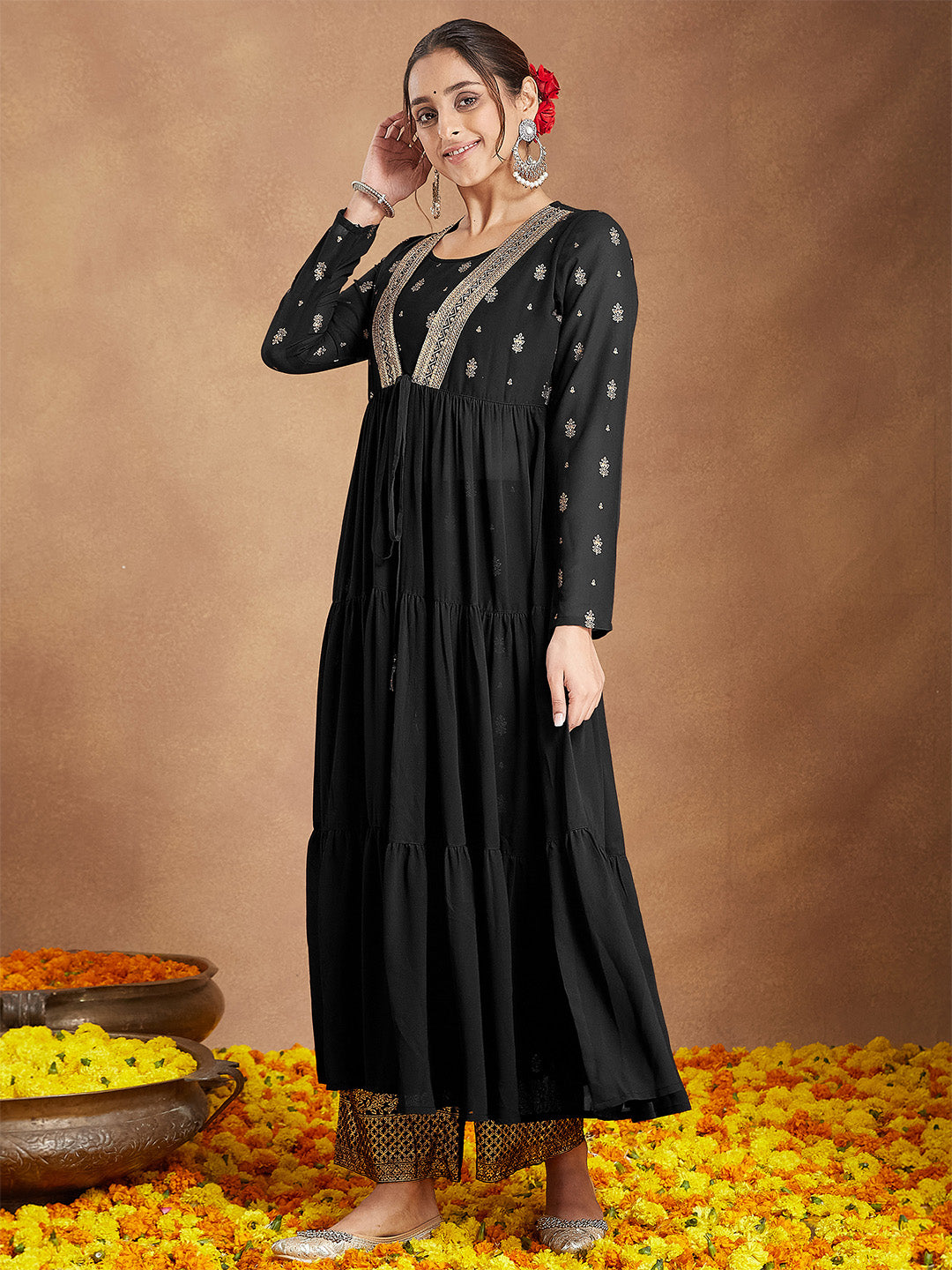 Ninnique Women's Black Georgette Embellished Foil Printed Front-open Tiered Kurta Pant Set