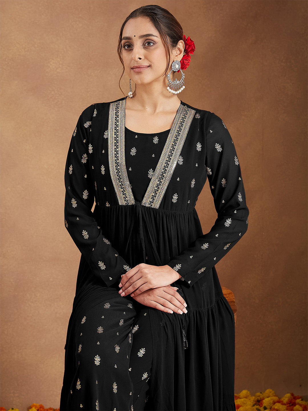 Ninnique Women's Black Georgette Embellished Foil Printed Front-open Tiered Kurta Pant Set