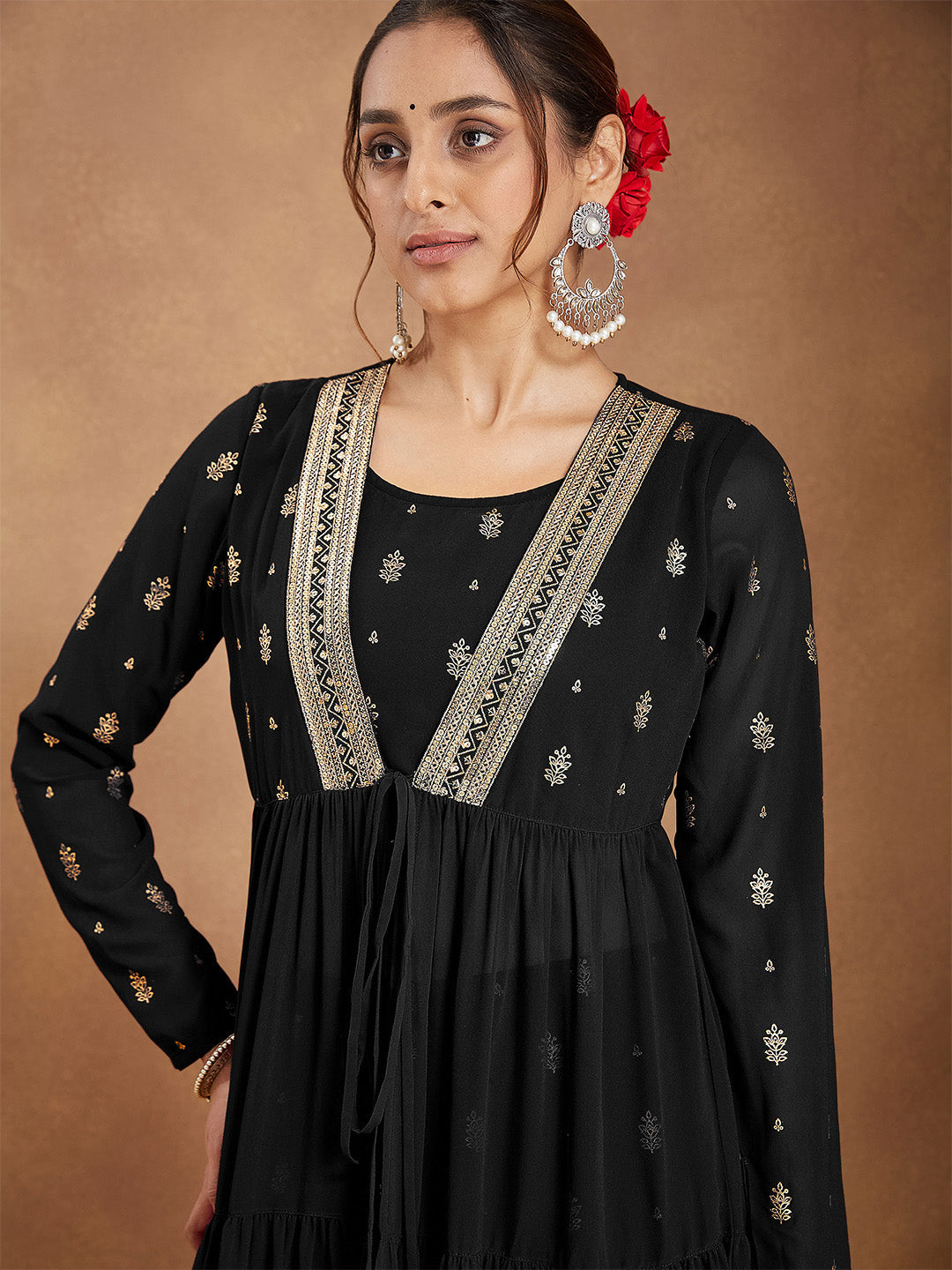 Ninnique Women's Black Georgette Embellished Foil Printed Front-open Tiered Kurta Pant Set