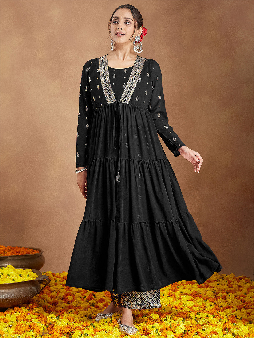Ninnique Women's Black Georgette Embellished Foil Printed Front-open Tiered Kurta Pant Set
