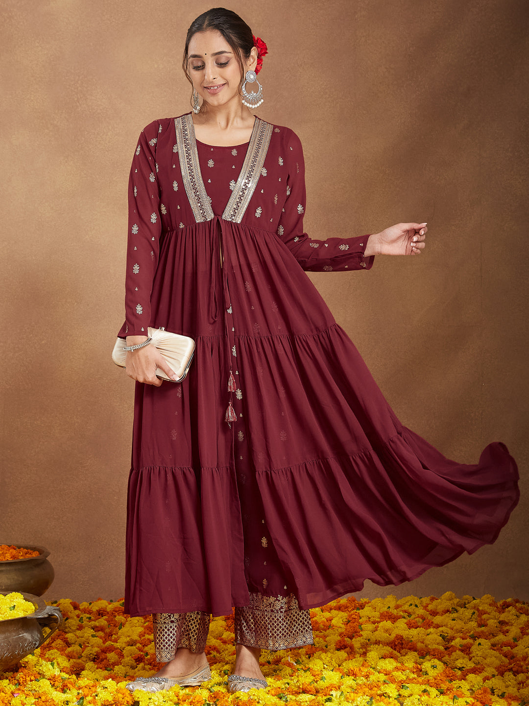 Ninnique Women's Maroon Georgette Embellished Foil Printed Front-open Tiered Kurta Pant Set