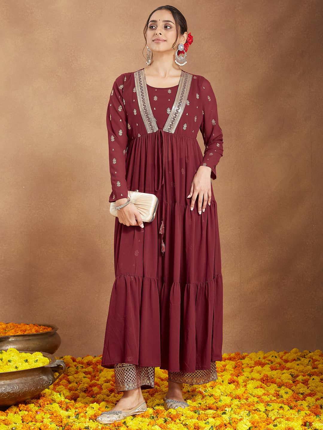 Ninnique Women's Maroon Georgette Embellished Foil Printed Front-open Tiered Kurta Pant Set